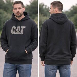 Caterpillar CAT Logo Hoodie Black Fleece Pullover Sweatshirt Workwear L